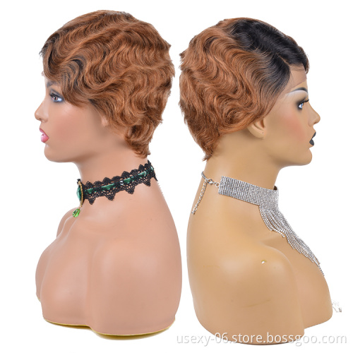 Short Ocean Wave None Lace Human Hair Wigs 100% Virgin Brazilian Hair Finger Wave Wigs Machine Made Wig